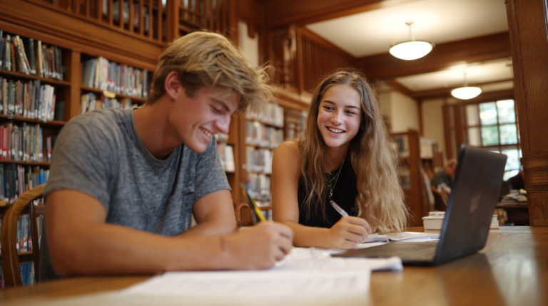 focused and thoughtfully filling out college application forms by hand or on a laptop.